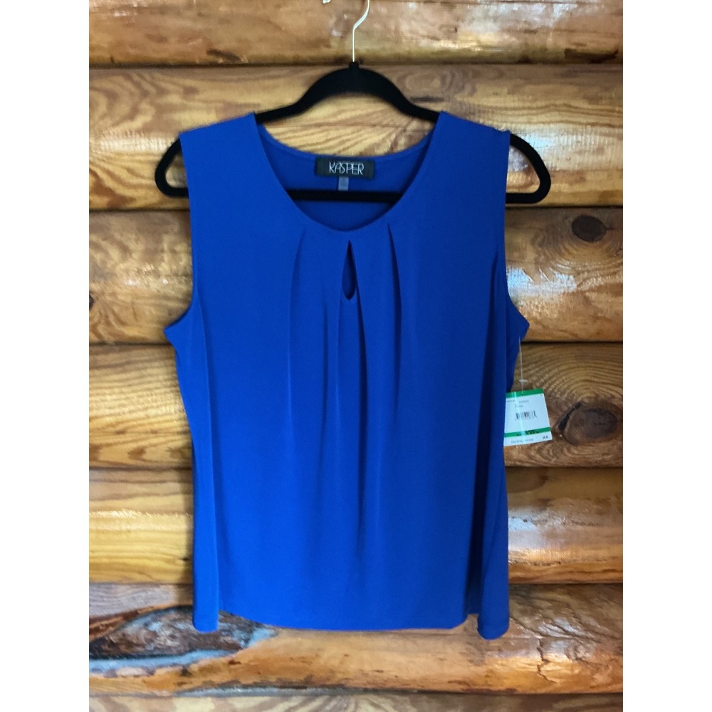 Kasper Petite Womens Electric Blue Pleated Keyhole Sleeveless Shell Top NWT L